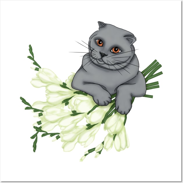 Scottish Fold Cat with a bouquet of freesia Wall Art by KateQR